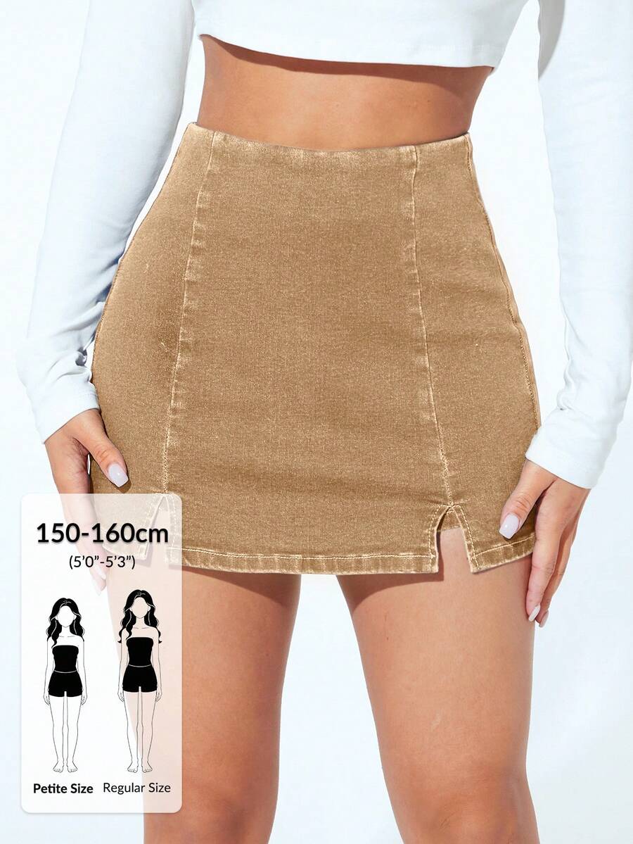 SHEIN PETITE 休閒高腰開衩修身牛仔迷你裙褲,適合嬌小女性 - 卡其色 - 查看 1