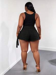 CurvyTilda 大尺碼女款扣環設計時尚牛仔工裝裙褲休閒夏季款 - 深灰色 - 查看 2