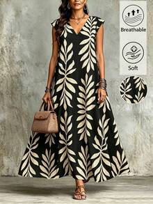 Weeklong Plus Size Vintage Tropical Long Flare Sleeve Dress, Spring/Summer Vacation Black - Multicolor - View 1