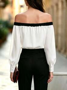 Balvessa Black And White Color Block Off-Shoulder Elegant Commute Long Sleeve Women's Blouse - White - View 2