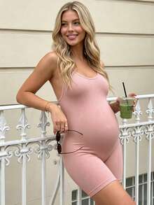 SHEIN Maternity Solid Color Camisole Style Athletic Romper - Pink - View 3