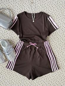Teen Girl Casual Contrast Pink Tape Solid Brown Knit Set Shorts Summer Outfits 2 Pcs Sets - Brown - View 3