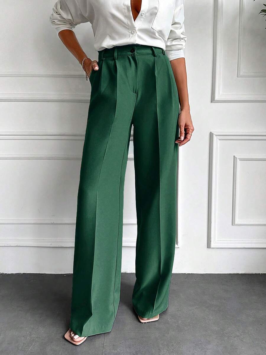 EURMUSE Ladies Solid Color Simple Daily Suit Pants - Green - View 1