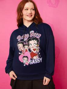 Betty Boop x SHEIN Plus Size Casual Fashionable Versatile Loose Drop Shoulder Drawstring Sweatshirt, Y2K Gradient Cartoon Print, Navy Blue, For Women In Autumn Winter Fall - Blue - View 3