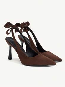 CUCCOO CHICEST Four Seasons Coffee Brown Imitation Suede Backspace High Heels Women's, French Style Elegant Comfortable Simple Party Dinner Bow Pointed Toe Shallow - Coffee brown velvet - View 1