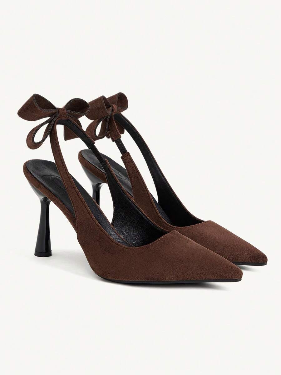 CUCCOO CHICEST Four Seasons Coffee Brown Imitation Suede Backspace High Heels Women's, French Style Elegant Comfortable Simple Party Dinner Bow Pointed Toe Shallow - Coffee brown velvet - View 1