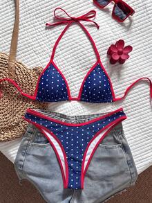 SHEIN Swim 女款 2 件組熱帶可愛性感豹紋掛脖三角比基尼上衣與性感可愛三角比基尼褲套裝 - 彩色 - 查看 2
