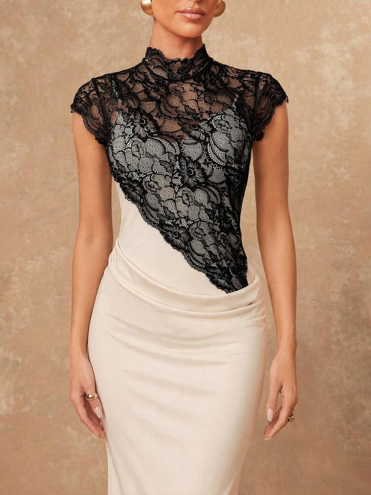 Lumalex Colorblock Women's Contrast Lace Stand Collar Cap Sleeve Fitted Elegant Dress - Black and White - View 6