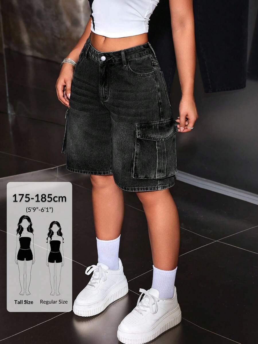 SHEIN Tall Y2K街頭風女款口袋3D工裝破舊水洗休閒牛仔短褲，深色水洗單車短褲，適合城市度假夏季穿搭，高個女款 - 黑色 - 查看 1
