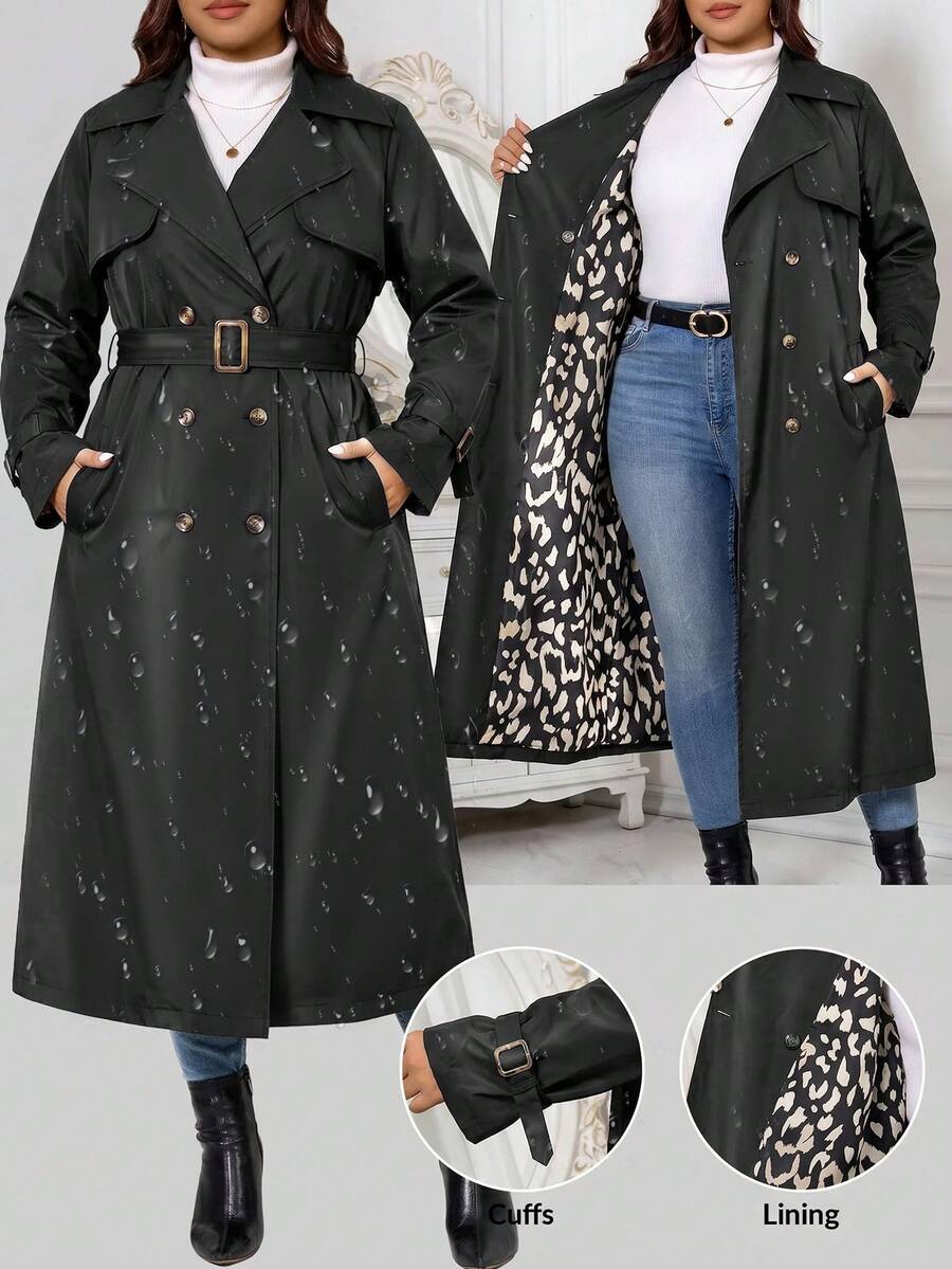 Reflora Plus Size Fashion Street Button PU Material Long Sleeve Trench Coat Fall - Black - View 1