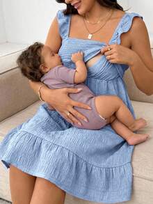 SHEIN Maternity Solid Color Nursing Function Casual Daily Wear Dress Photoshoot - Baby Blue - View 3