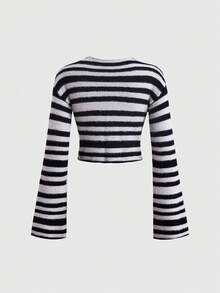 ROMWE Grunge Punk Women's Autumn/Winter Striped Short Cardigan With Flared Sleeves - Black - View 2