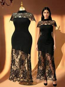 Rometta Plus Size Women's Summer Black Lace Strapless Shawl + Bandeau Solid Fabric And Lace Patchwork Bodycon Mermaid Waist Slimming Sexy Elegant Long Dress. Suitable For Casual, Date, Party. - Black - View 5