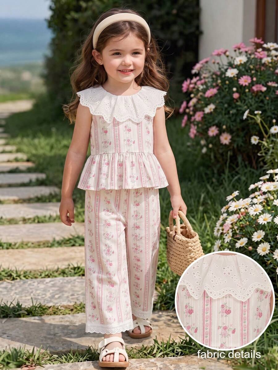 SHEIN Genkimix Kids 女童法式鄉村風花卉荷葉領蕾絲飾邊無袖背心上衣與寬鬆直筒寬腿褲套裝，夏季休閒穿搭