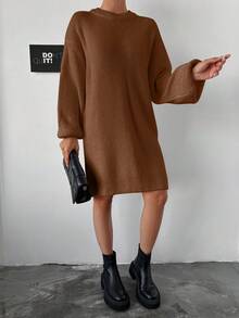 EURMUSE Solid Color Round Neck Drop Shoulder Ribbed Knit Sweater Dress - Mustard Yellow - View 3
