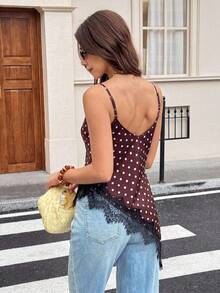 Serisse Women's Brown And White Polka Dot Contrast Lace Asymmetric Hem Cami Tank Top Night Out Sexy Summer Formal Business Chic Back To School - Brown - View 2