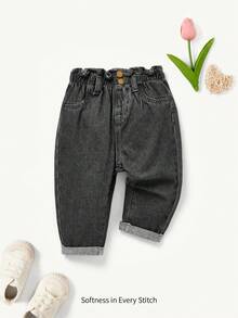 Cozy Pixies 女嬰休閒日常牛仔褲，附口袋與鈕扣設計 - 灰色 - 查看 1