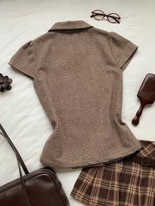 Comfortcana Women's Houndstooth Short Sleeve Top Autumn Back To School Going Out Top Y2K Tops Work Top - Brown - View 2