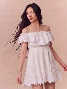 Willow Rêve Women's White Embroidered Ruffle Trim Bandeau Mini Dress, Romantic Cottage Core Vacation Style, Boho, Valentine's Day, Elegant Short, Summer Dresses - White - View 3