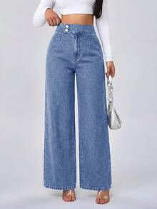 SHEIN ICON 女款鈕扣休閒街頭風百搭牛仔褲，牛仔女郎穿搭，藍色，適合日常穿著、返校、上班辦公、夏季 - 黑色 - 查看 5