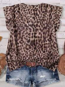 SHEIN VCAY Leopard Print V-Neck Button-Front Blouse With Flutter Cap Sleeves, Relaxed Fit For Casual Chic - Multicolor - View 2