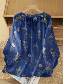 Linhara Vintage V-Neck Lantern Sleeve Loose Casual Plus Size Women Blouse - Navy Blue - View 2