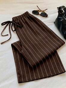 SHEIN EZwear 女款休閒繫腰直筒長褲，適合夏季穿著 - 棕色 - 查看 2