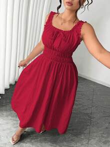 Elenzga Damen-Sommerkleid in Große Größen, A-Linie, quadratischer Ausschnitt, Jacquard, geraffte Taille, ärmellos, mit Schleife, elegant, vintage, romantisch, für Hochzeitsgast, Party und Urlaub, Burgunderrot - Bordeaux - Übersicht 7