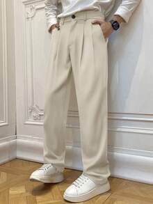 Manfinity Hypemode Men's Solid Color Pleated Pocket Loose Straight Casual Pants For Ceremony, Formal - Beige - View 1