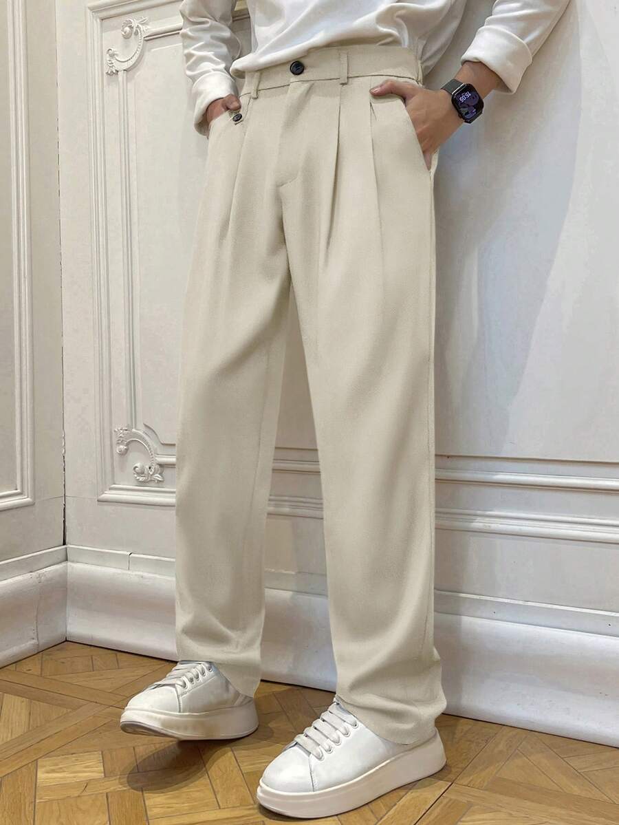 Manfinity Hypemode Men's Solid Color Pleated Pocket Loose Straight Casual Pants For Ceremony, Formal - Beige - View 1