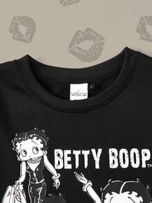 Betty Boop x SHEIN Áo thun cổ tròn tay dài in hình chữ và hoạt hình dành cho nữ - màu đen - Xem 4