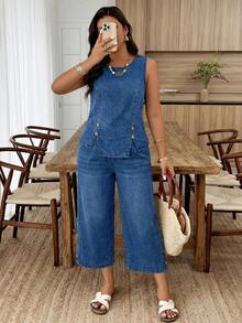 EMERY ROSE EMERY ROSE Plus Size Vacation Casual Vest & Denim Pants 2 Pieces Set Teacher Outfits - Medium Wash - View 3