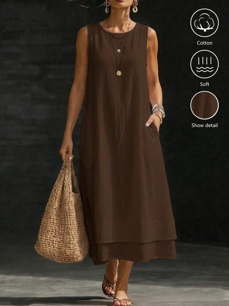 Linhara CURVE Đầm nữ thường ngày casual size lớn, sát nách, 100% cotton, gấu hai lớp, có túi - Cà phê nâu - Xem 3