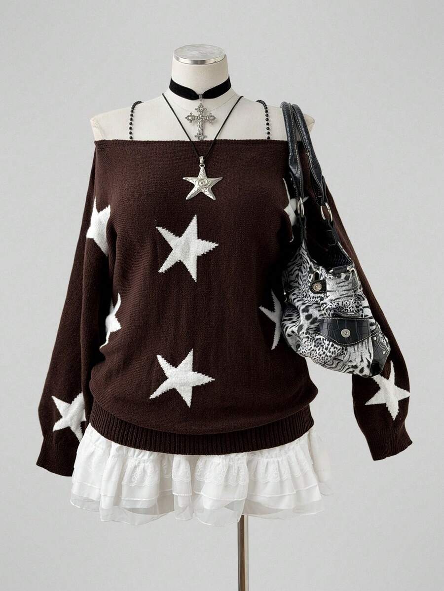 Sunspun Women's Pullover Sweater With Star Pattern, Plus Size, Off-The-Shoulder Neckline Fall - Brown - View 1