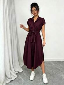 SHEIN Raffinéa Women's Solid Color Waist Knot Casual Party Dress - Burgundy - View 7