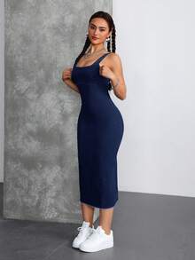 SHEIN Tall 方領露肩修身緊身牛仔中長洋裝，適合派對與度假，高個女性穿著 - 深色水洗藍 - 查看 5