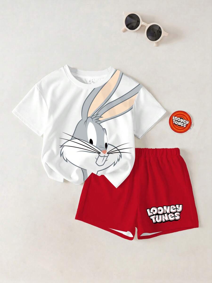 LOONEY TUNES X SHEIN 少女卡通印花圓領短袖T恤與短褲休閒日常套裝 - 白色 - 查看 1