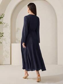 Veilorie New Fabric Ruched Texture Spaghetti Strap Slimming A-Line Flowy Beach Vacation Casual Party Dress - Navy Blue - View 7