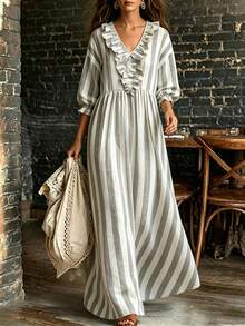 SHEIN Holidaya Women's Long Striped Print V-Neck Ruffle Collar Long Sleeve Maxi Dress, Elegant Fashionable Casual Vacation Holiday Party Business Commute Style - Multicolor - View 1