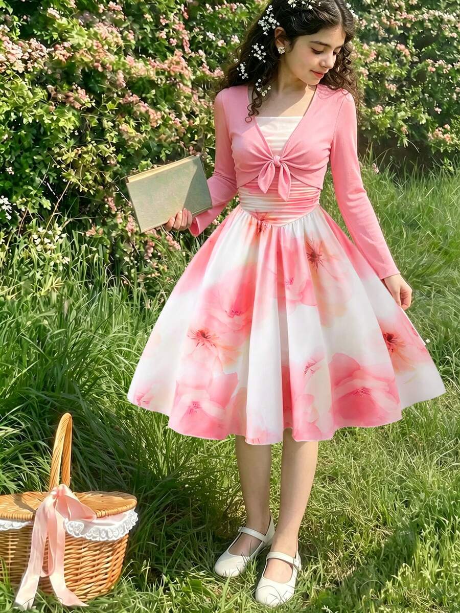 Girls 2Pcs Floral Dress Set Pink Rib Knit Tie Shrug Print Flare Skirt Summer Outfit - Pink - View 1