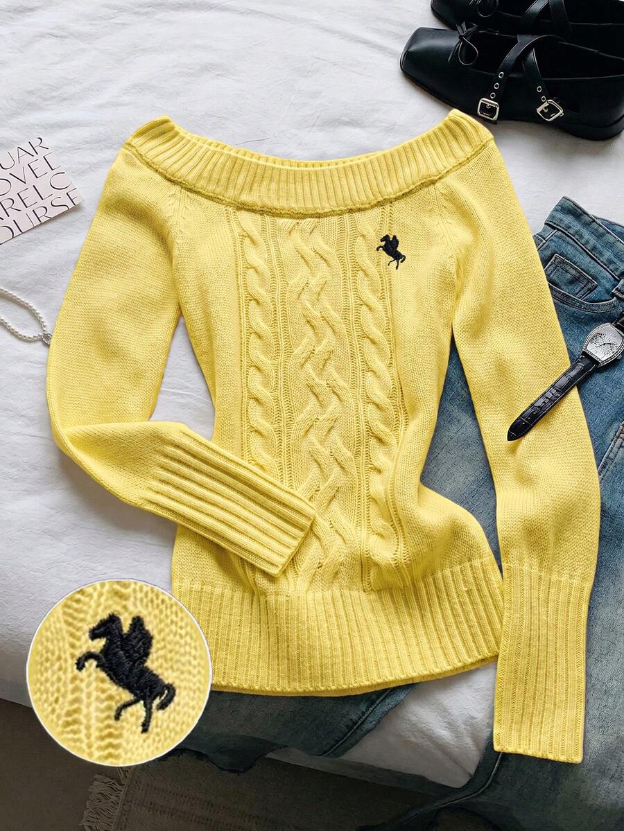 Comfortcana 女款刺繡扭繩圓領長袖針織毛衣上衣 - 黃色 - 查看 1