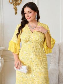 Reflora Vestido elegante de mujer talla grande con cuello en V, diseño de botones y puños con volantes en jacquard - Amarillo - Ver 9