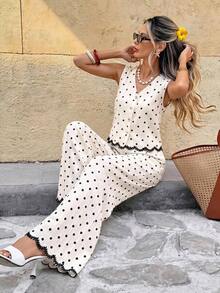 Serisse Women's Polka Dot Black And White Pattern Button Placket V-Neck Vest And Pants Set Vacation Summer Casual - Green - View 16