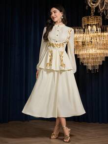 Modelyn 2 件女式花卉印花雪纺衬衫和 A 字裙套装，优雅浪漫 - 白色 - 查看 6