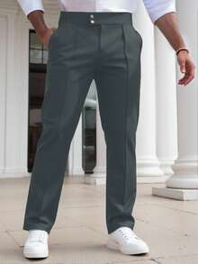 Manfinity Homme Men's Solid Color Toothpick Stripe Design Casual High Waist Suit Pants - Dark Grey - View 3