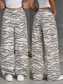 SHEIN Tween Girls' Spring/Summer New Fashion Zebra Print Denim Jeans, Snug Fit Loose Straight Leg Wide Leg Pants, Relaxed Fit,Back-To-School,Soft Cotton - Multicolor - View 1