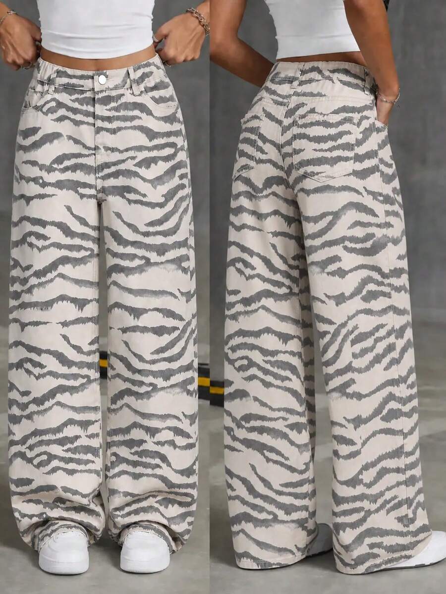 SHEIN Tween Girls' Spring/Summer New Fashion Zebra Print Denim Jeans, Snug Fit Loose Straight Leg Wide Leg Pants, Relaxed Fit,Back-To-School,Soft Cotton - Multicolor - View 1