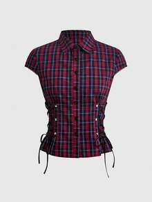 ROMWE Grunge Punk Women's Spring/Summer Plaid Shirt, Cute Retro Red & Black Checkered Pattern With Drawstring, Foil Applique And Eyelet Detail - Blue - View 1