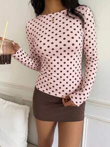 CovetEZ Casual Minimalist Sexy Pink Base Brown Polka Dot Long Sleeve T-Shirt, Suitable For Autumn/Winter Season, Pink Base Brown Polka Dot Makes You Look Fairer - Multicolor - View 3