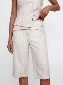 Maija Apricot Striped Summer Fall Urban Women 2 Pieces Set Asymmetric Front Top Sleeveless Fitted Waist Wide Leg Casual Wrap Pants Festival Going Out Casual - Apricot - View 5